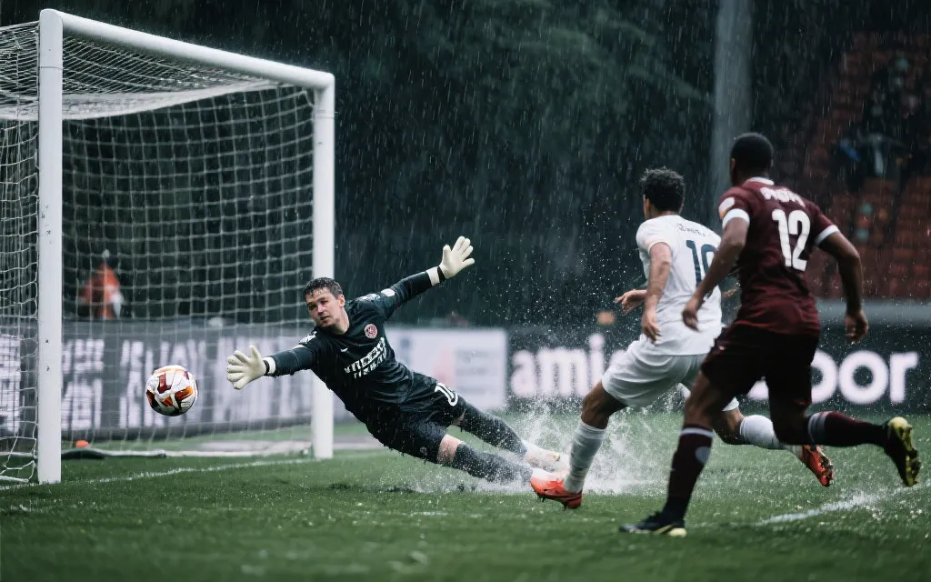 雨天门将扑救与湿球脱手的瞬间，强调二次进攻与禁区混战