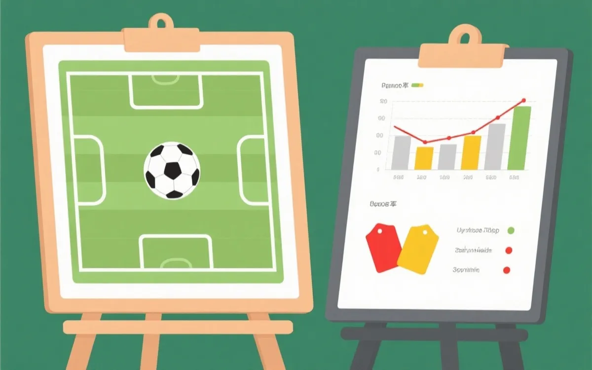 战术板与关键指标（控球、射门、红黄牌）可视化的概念图