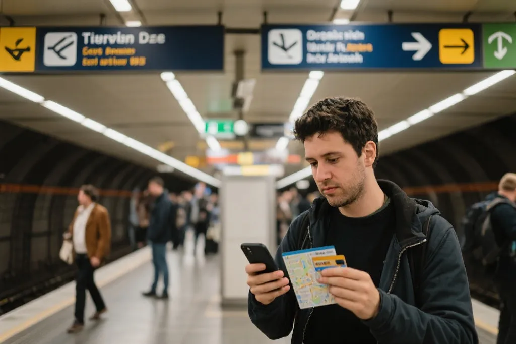 墨西哥城地铁站人流与导向标识，旅行者手持交通卡与手机地图的场景